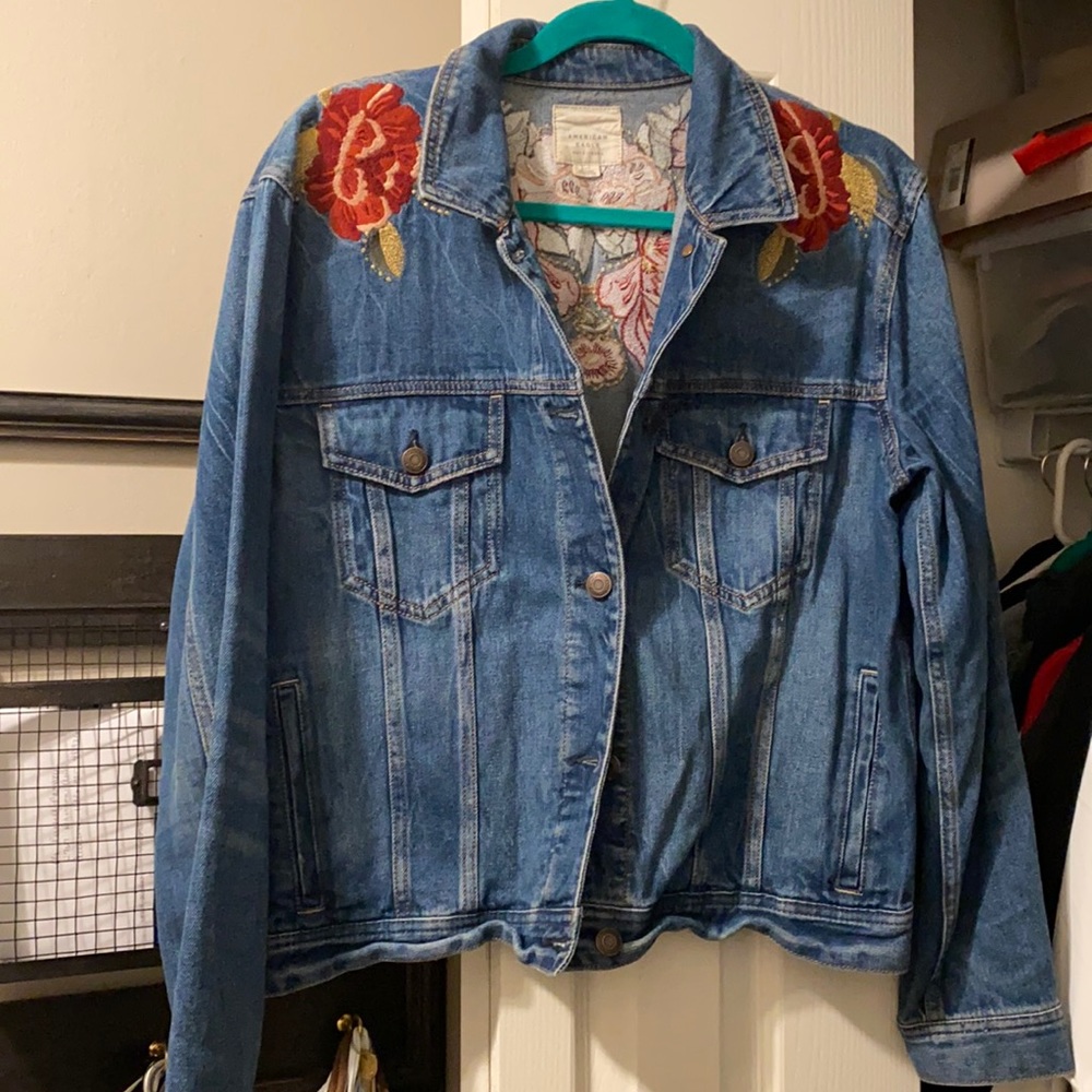 American Eagle Outfitters Blue Denim Jacket with Red Floral Embroidery